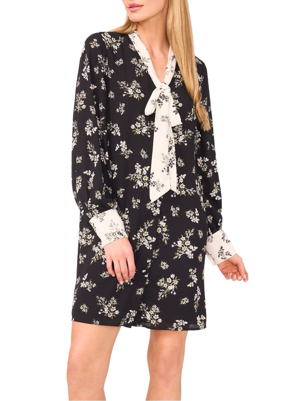 CeCe Floral Tie-Neck Mini Dress Tie Neck Long Sleeve Shirtdress Mod Nordstroms
